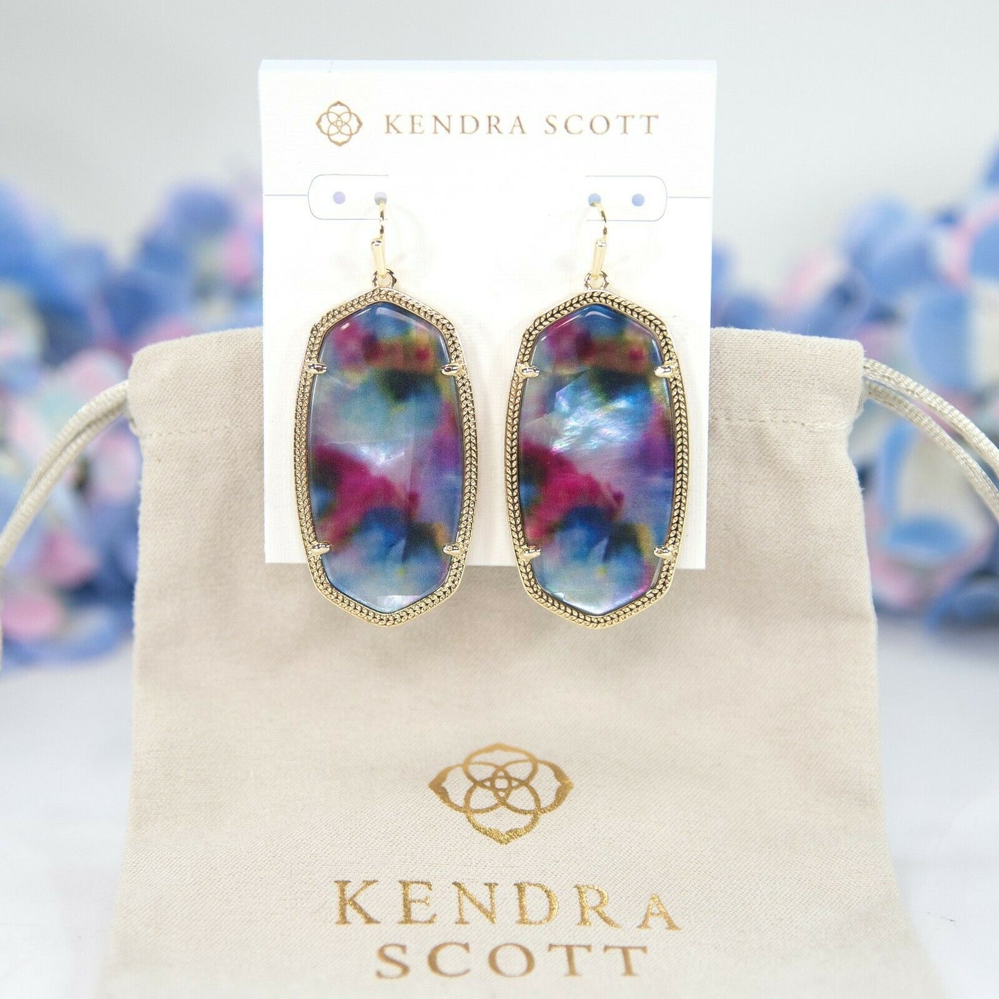 Kendra Scott Danielle Gold Teal Tie Dye Glass Large Statement Earrings NWT