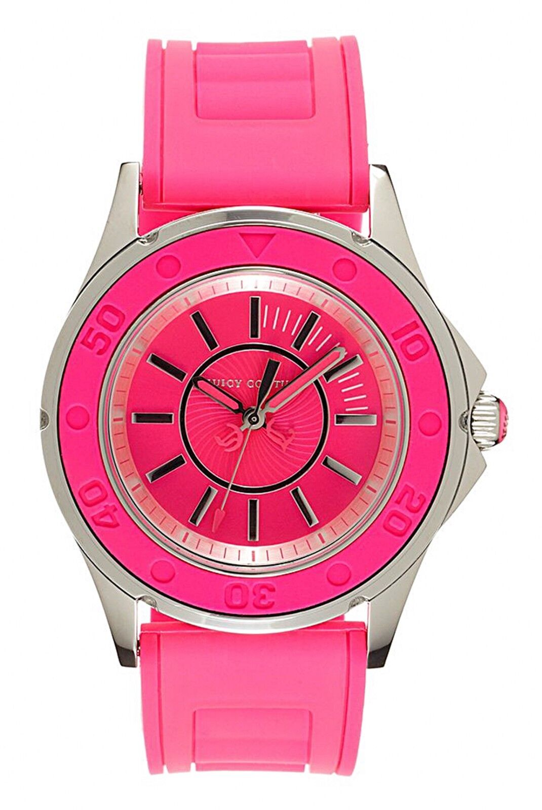 Juicy Couture Rich Girl Pink Neon Silicone Rubber Strap Silver Runway Watch