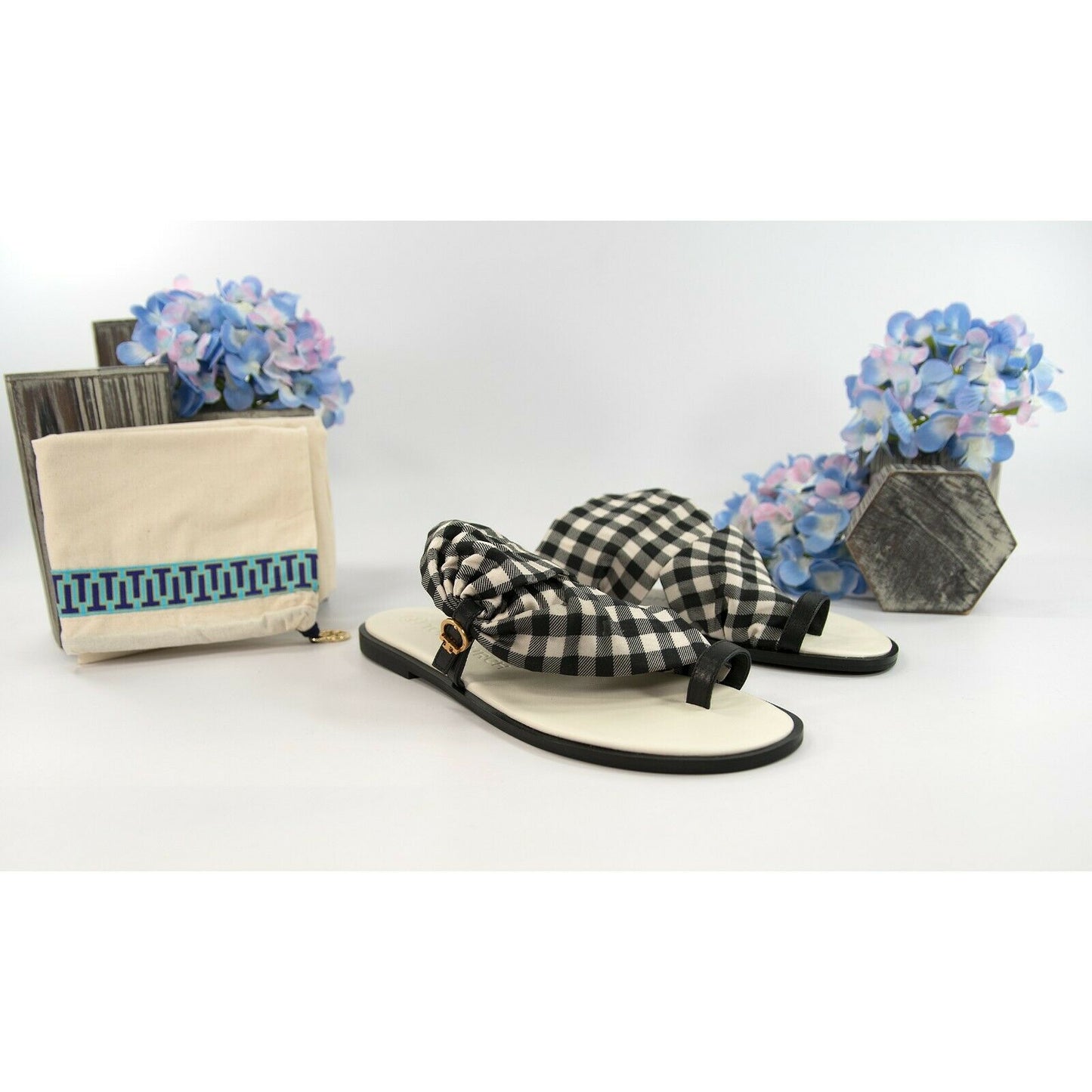 Tory Burch Black New Ivory Gingham Twill Leather Selby Scarf Sandals Size 8 NIB