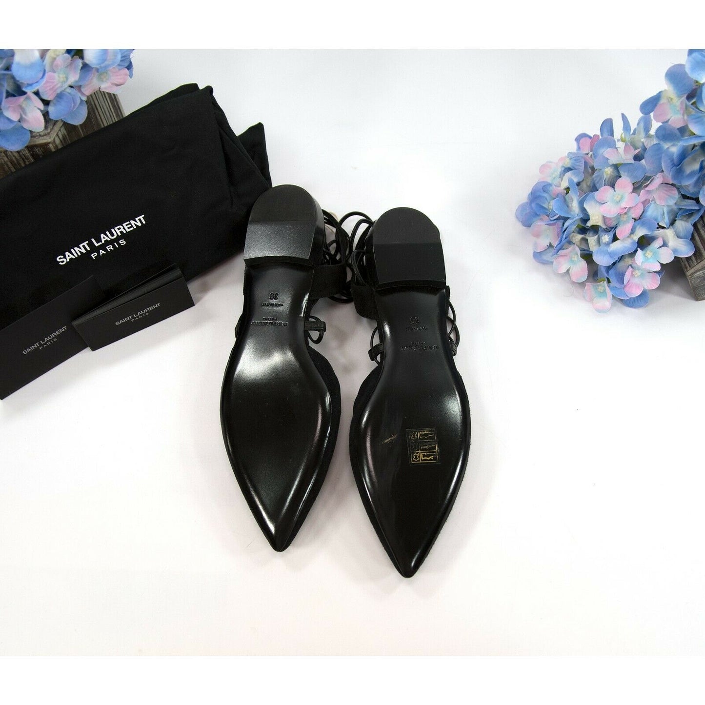 Saint Laurent Black Suede Leather Ankle Lace Flats Size 36 NIB