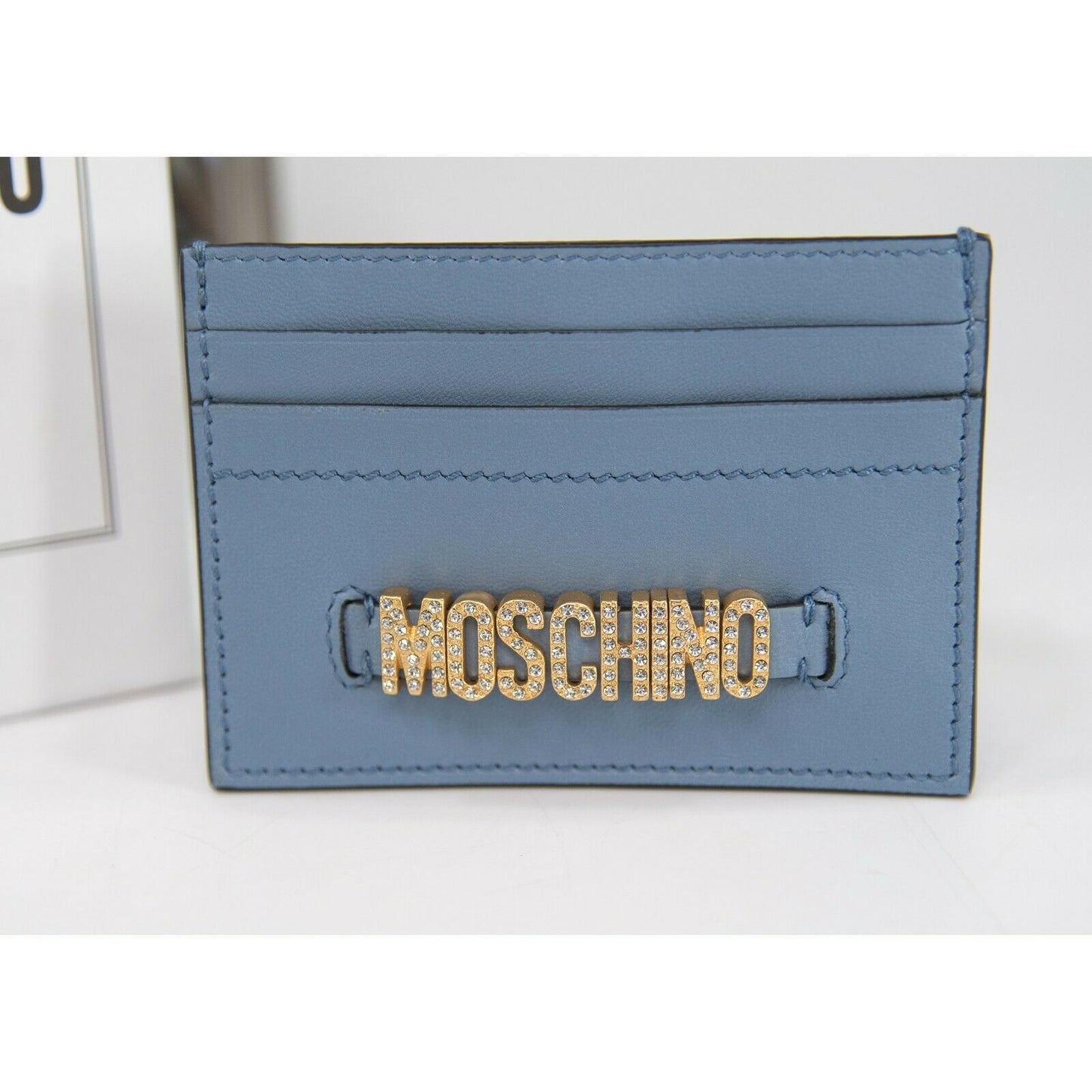 Moschino Couture Dust Blue Crystal Logo Leather Card Case Holder NWT