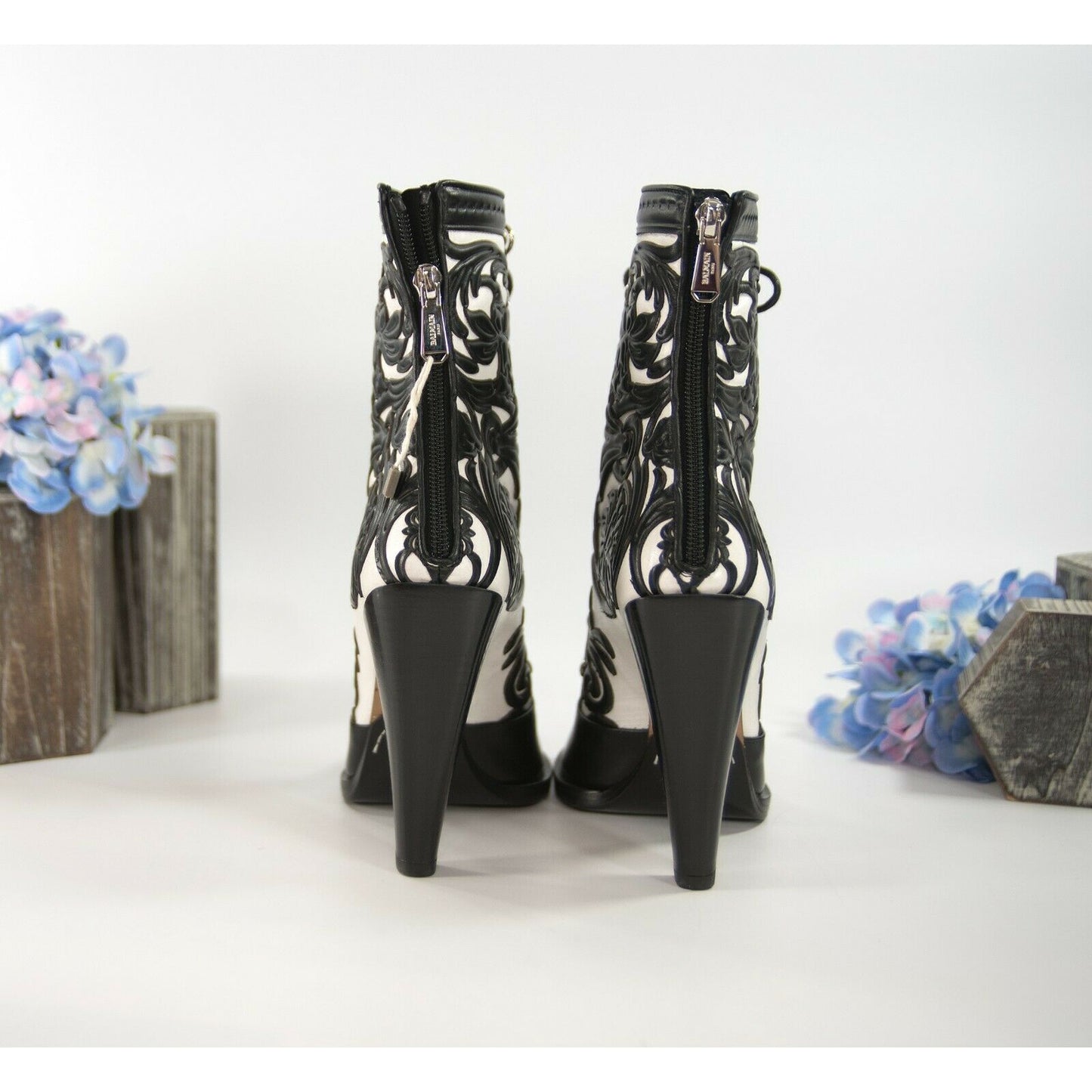 Balmain Black White Floral Tooled Leather Lace Up Bootie Boots Size 37 NIB