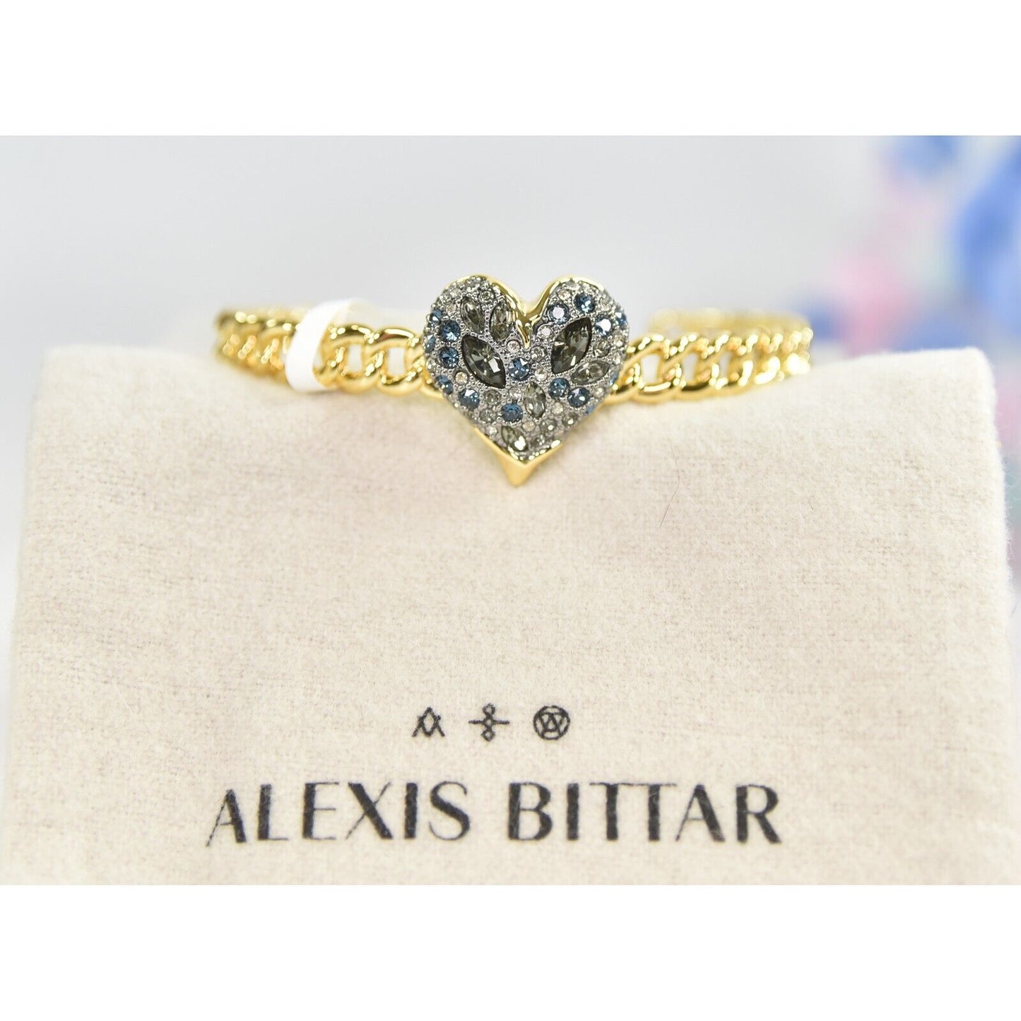 Alexis Bittar Solanales Sapphire Crystal Heart Macrame Cuff Bangle Bracelet NWT