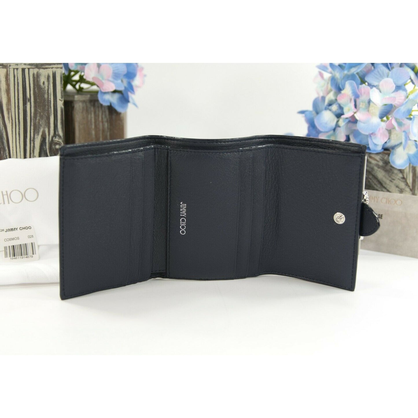 Jimmy Choo Cheri Cosmos Leather CZ Jewel Card Holder Small Trifold Wallet NWT