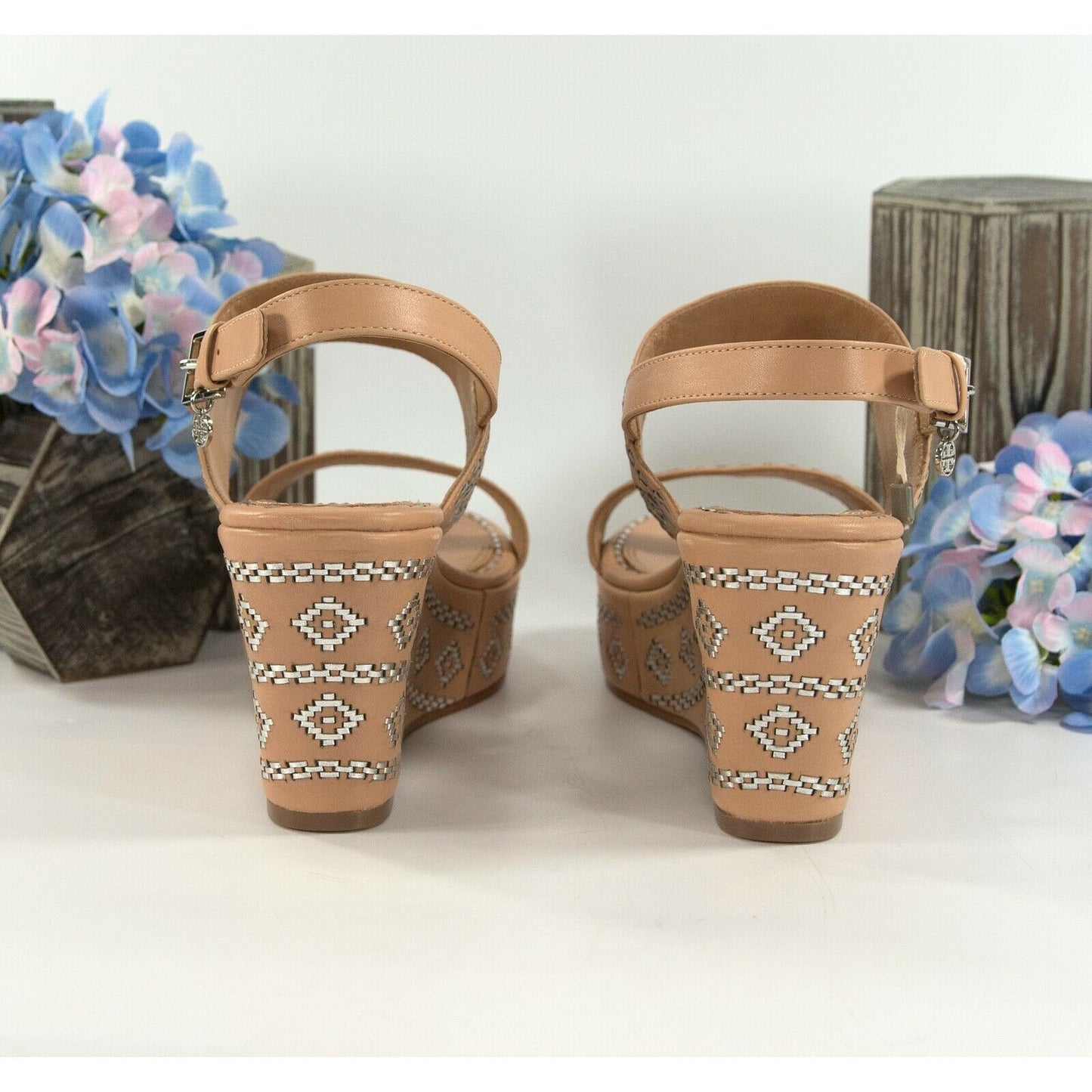 Tory Burch 80MM Natural Vachetta Leather Silver Woven Ankle Strap Wedge Heels 9