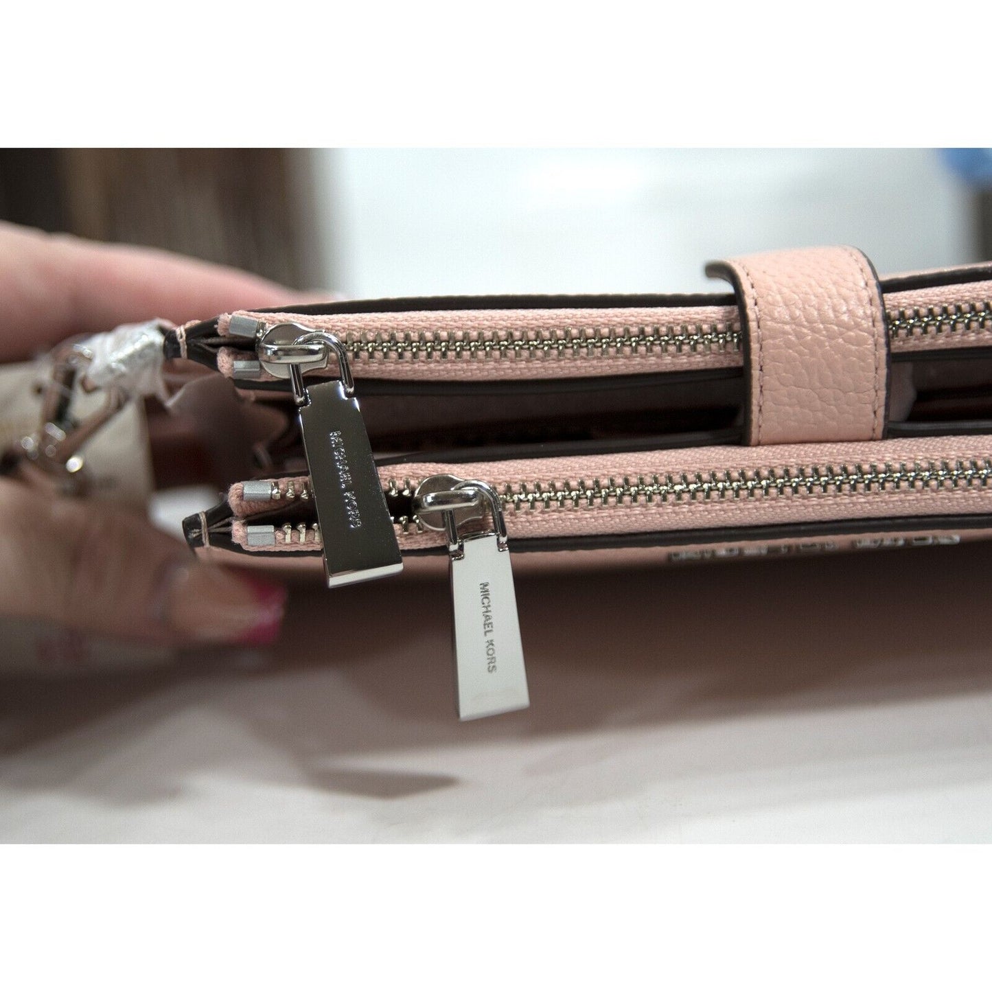 Michael Kors Jet Set Pink Pebbled Leather Double Zip Phone Wallet Wristlet NWT