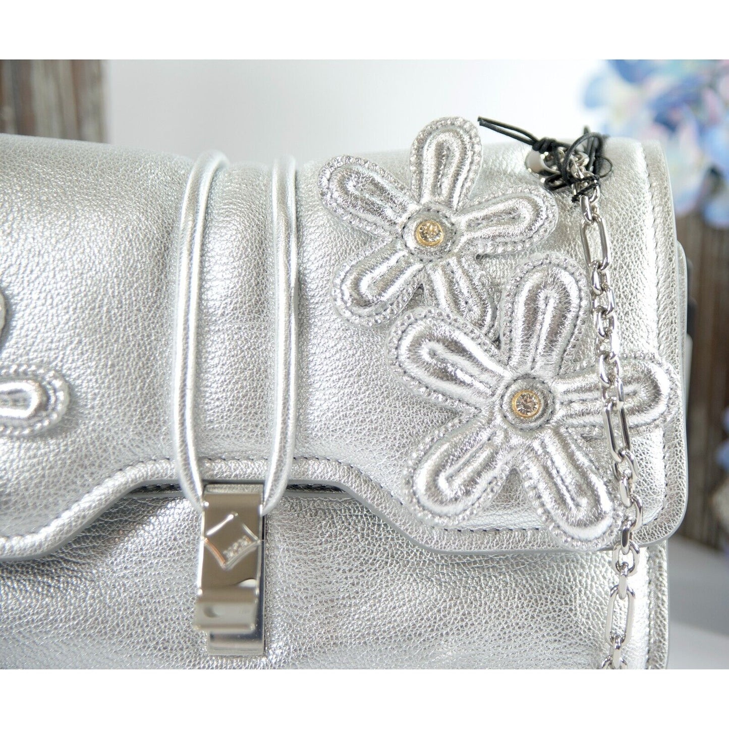 MCM Silver Leather Run Candy Small Crystal Flower Small Flap Shoulder Bag NWT