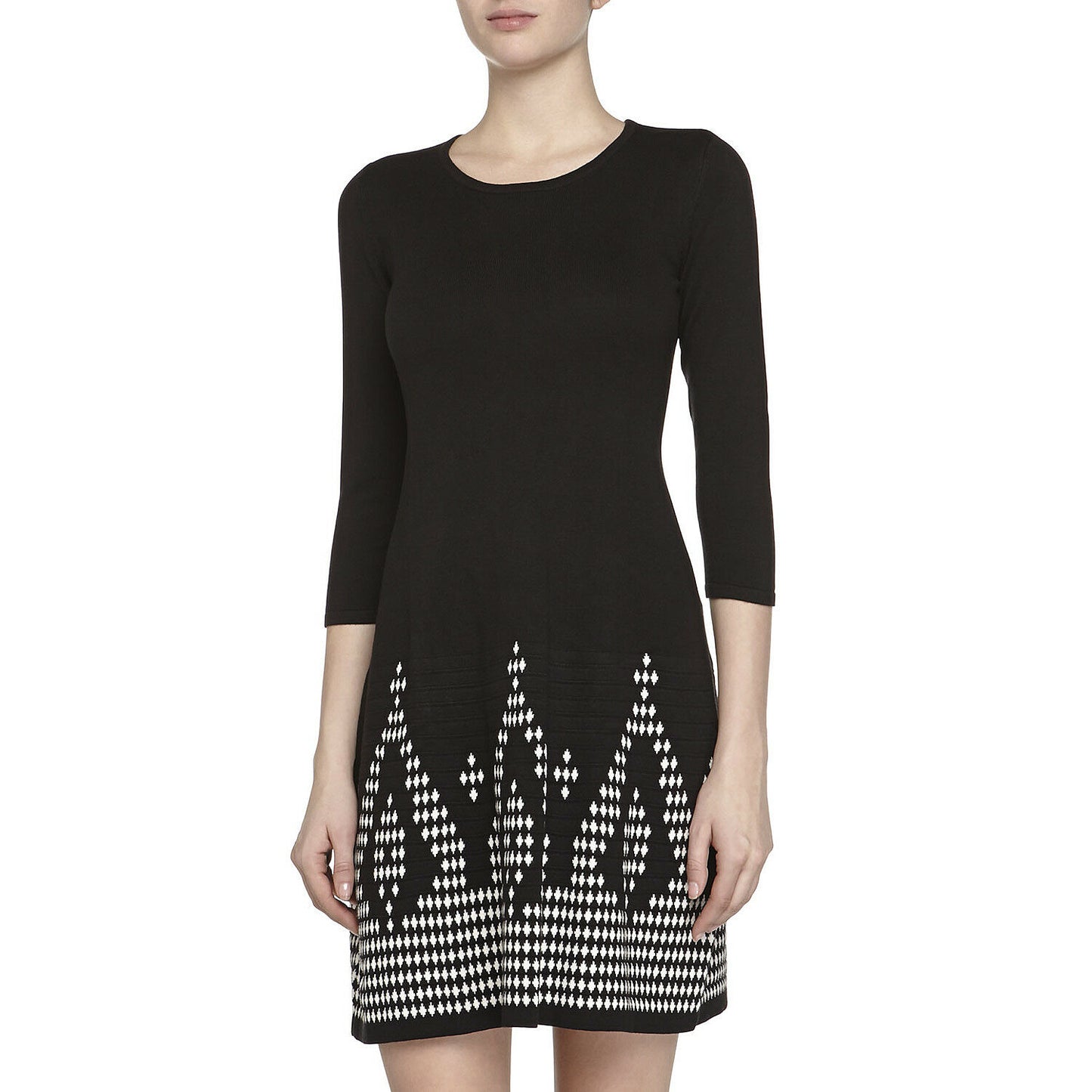 5Twelve Black White Geometric Sweater Knit 3/4 Sleeve Fit Flare Dress LG NWT