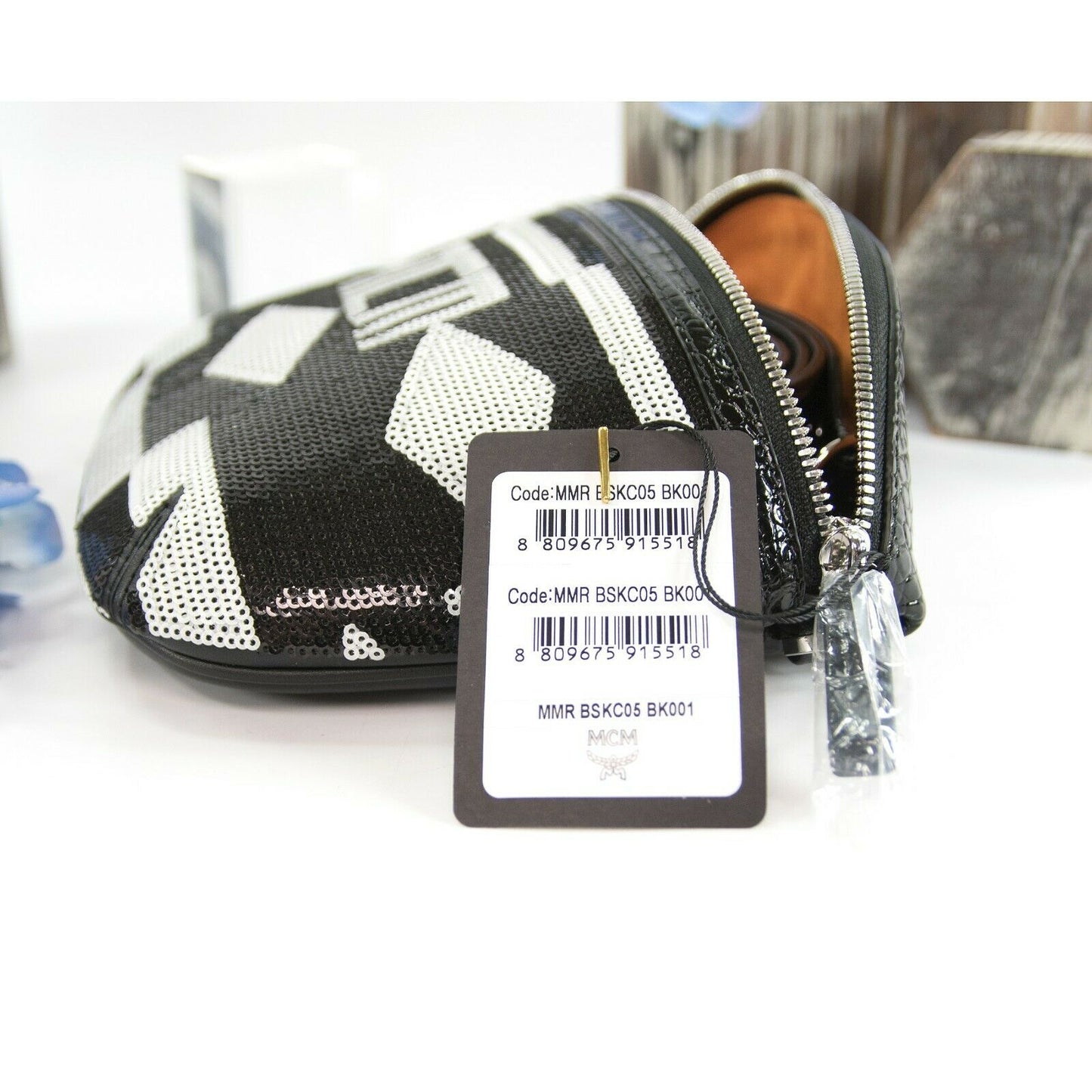 MCM Limited Edition Geo Croco Black White Sequin Logo Convertible Belt Bag NWT
