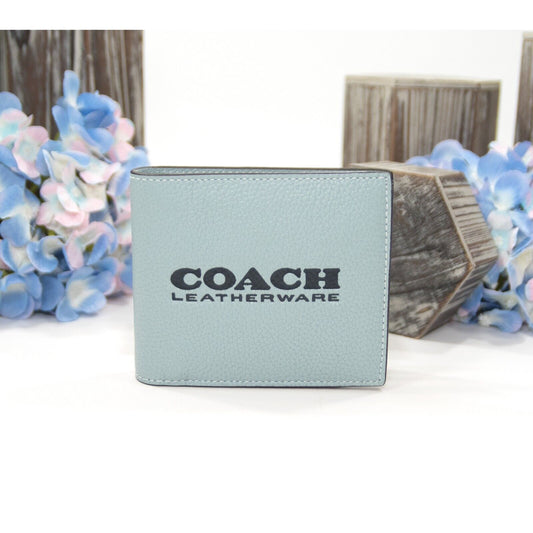 Coach Mens Logo Embossed Aqua Navy Leather Bifold Billfold Wallet NWT