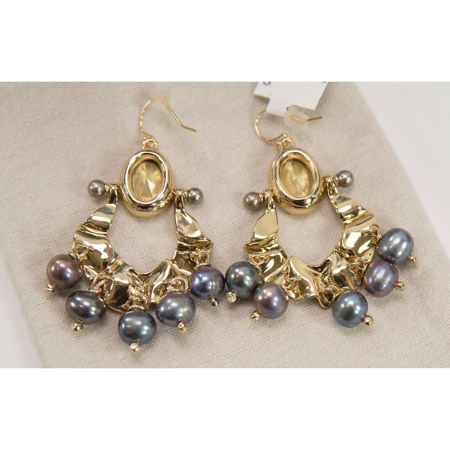 Alexis Bittar Gold Navette Crystal Pearl Chandelier Large Drop Earrings NWT