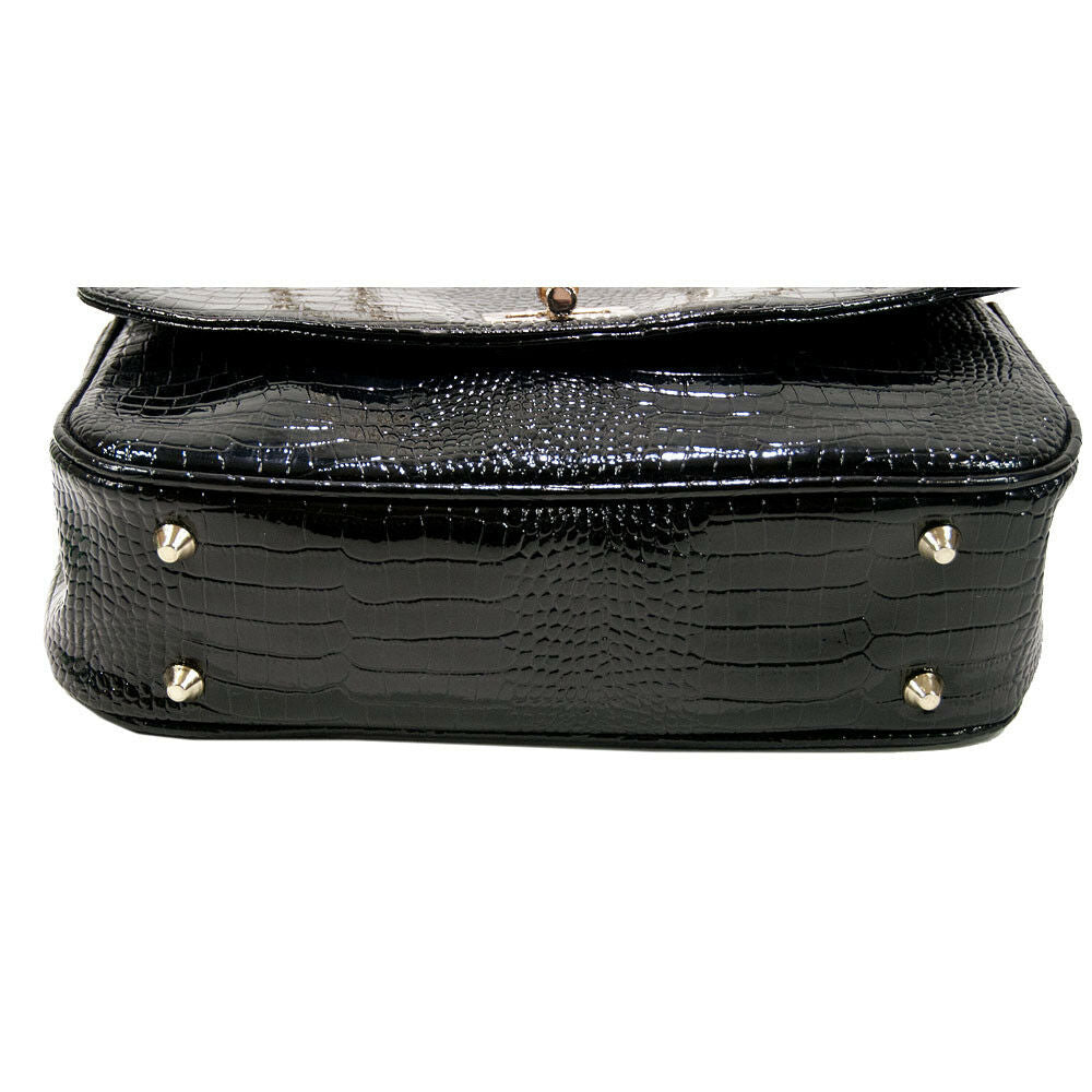 Amrita Singh Black Croc Faux Patent Leather Jumbo Flap Shoulder Bag NWT