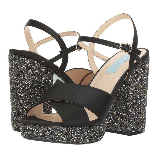 Betsey Johnson Ollie Black Satin Chunky Glitter Ankle Strap Platform Heels 6 NIB