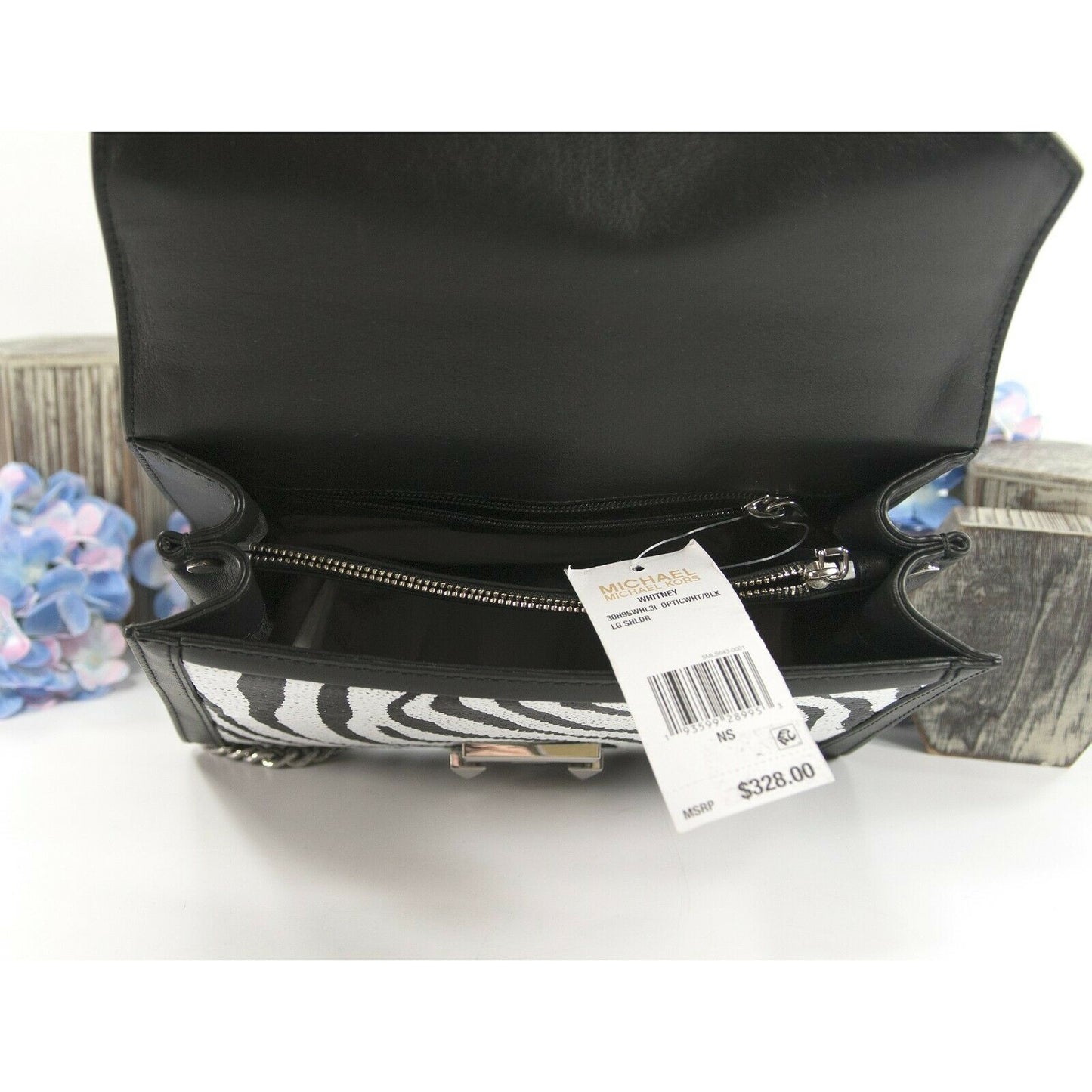 Michael Kors Whitney Zebra Sequin Black Leather Large Crossbody NWT DEFECT!