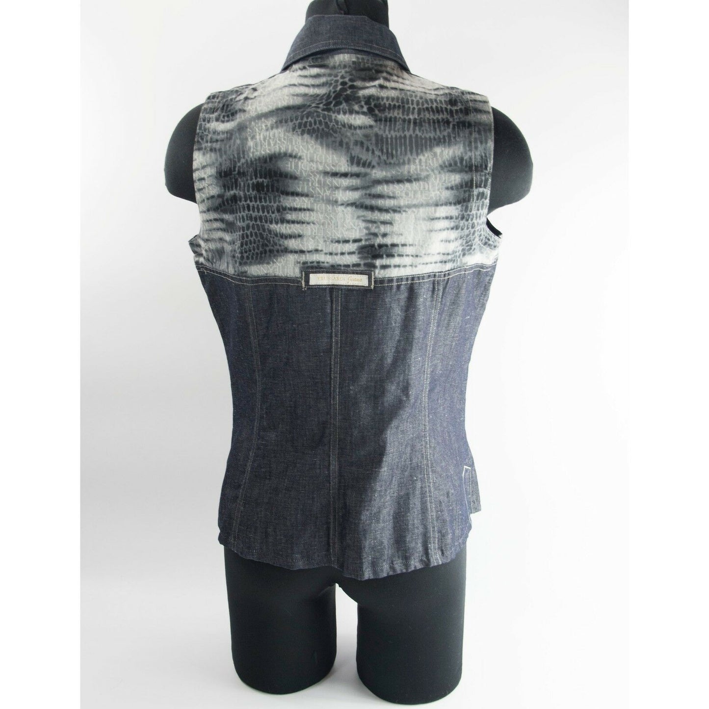 Trussardi Couture Logo Croc Print Black White Dark Blue Denim Jean Vest XL