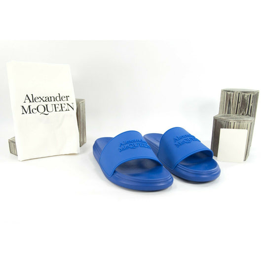 Alexander McQueen Blue Embossed Logo Leather Rubber Pool Slides 40.5 NIB