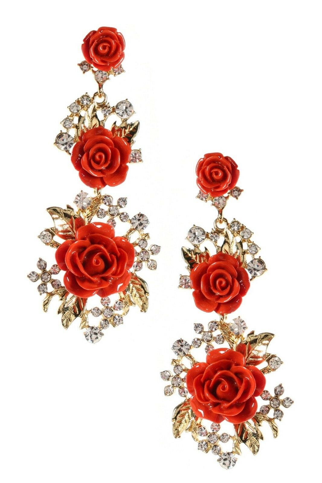 Amrita Singh Coral Red Rose Lyon Floral 3D Crystal Earrings ERC 849 NWT