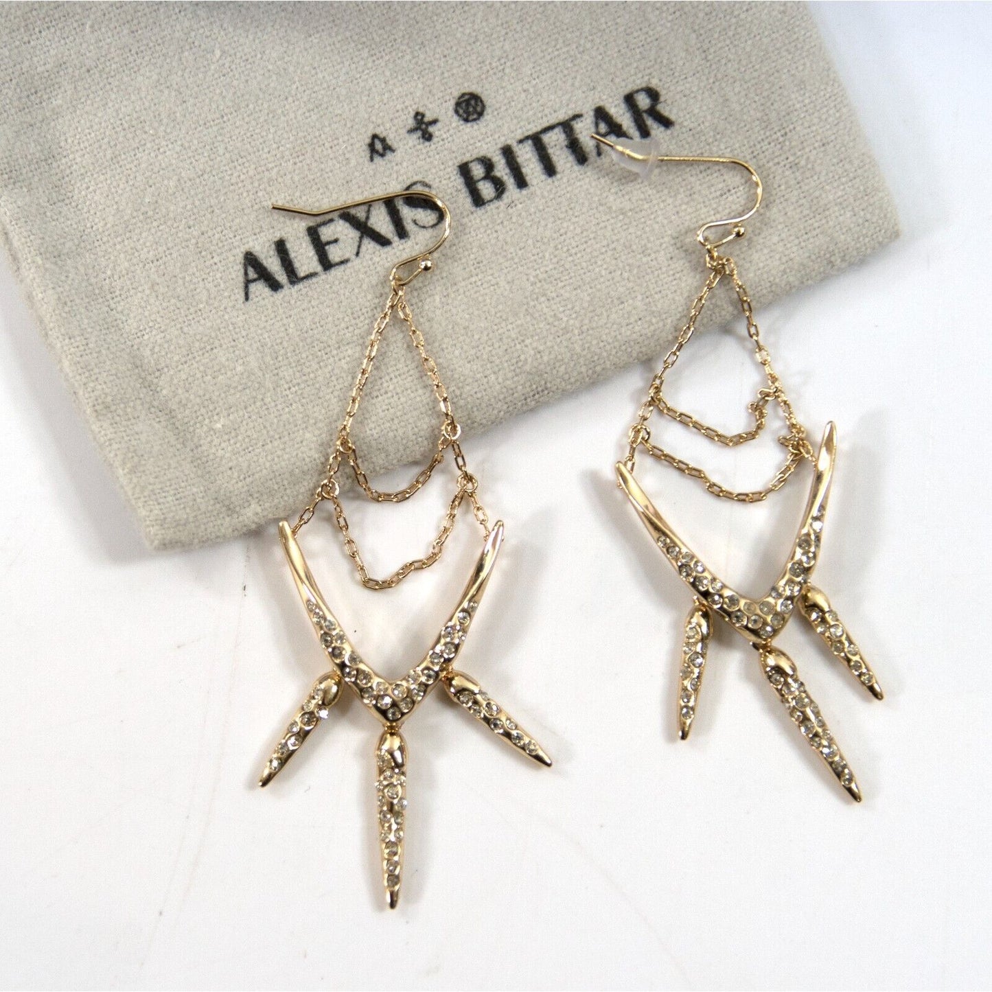 Alexis Bittar Gold Crystal Navette Chain Fringe Large Drop Earrings NWT