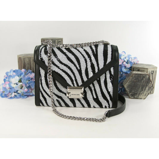 Michael Kors Whitney Zebra Sequin Black Leather Large Crossbody NWT DEFECT!