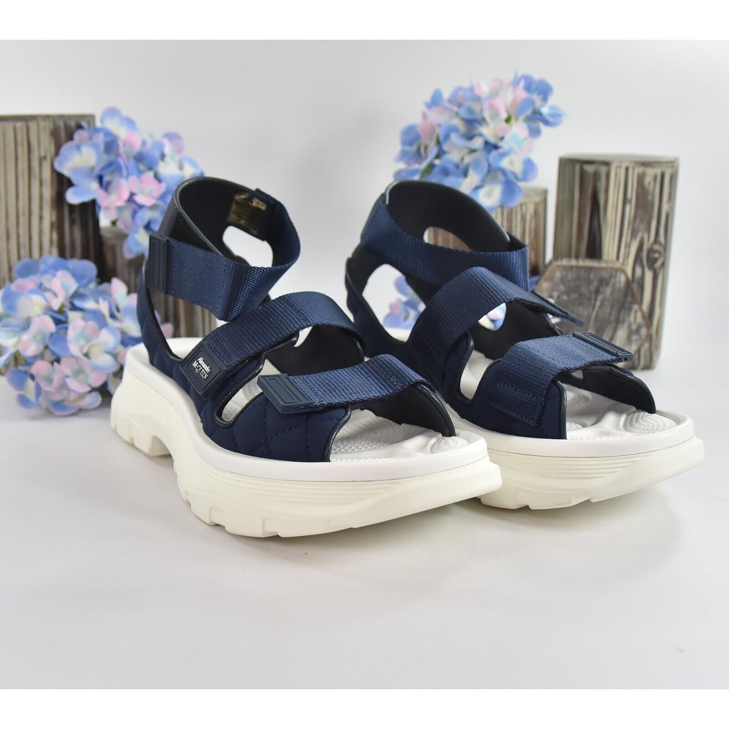 Alexander McQueen Navy White Hybrid Tech Leather Neoprene Sandals 39 NIB