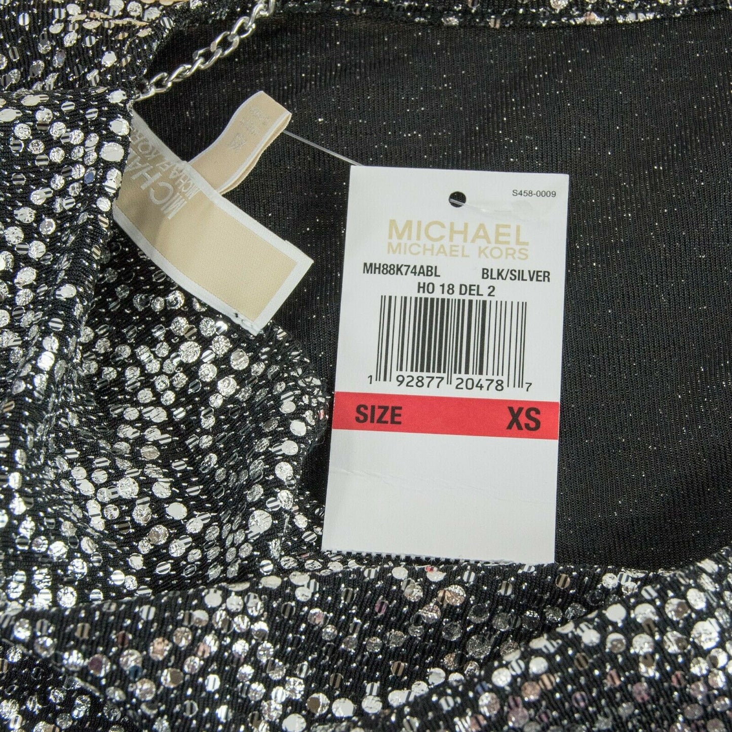 Michael Kors Black Silver Scallop Glitter Lame Cowl Back Chain Dress XS NWT