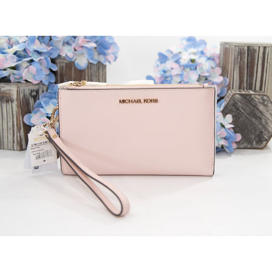 Michael Kors Jet Set Powder Blush Leather Double Zip Phone Wallet Wristlet NWT