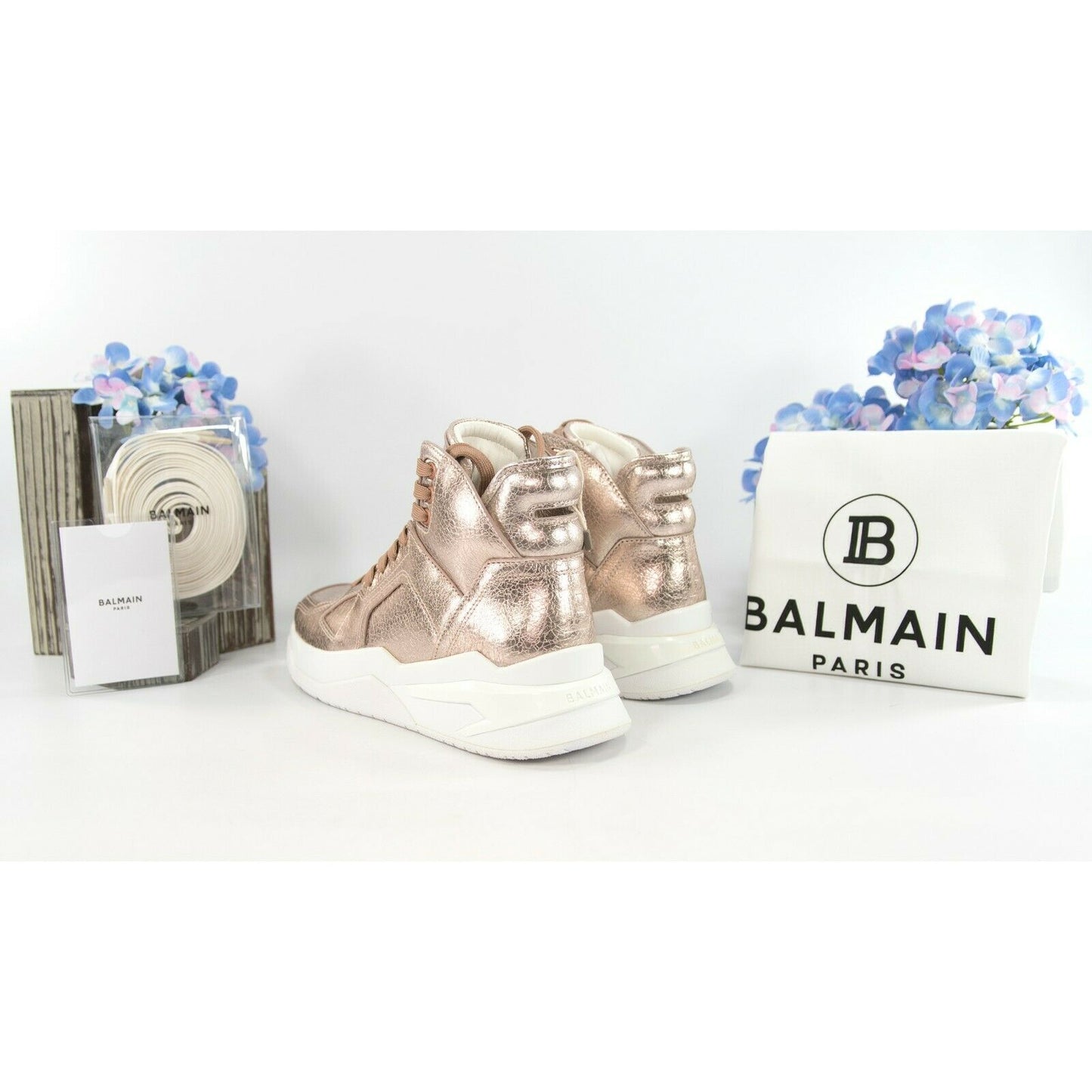Balmain Rose Gold B-Ball High Top Leather Sneakers 38 NIB