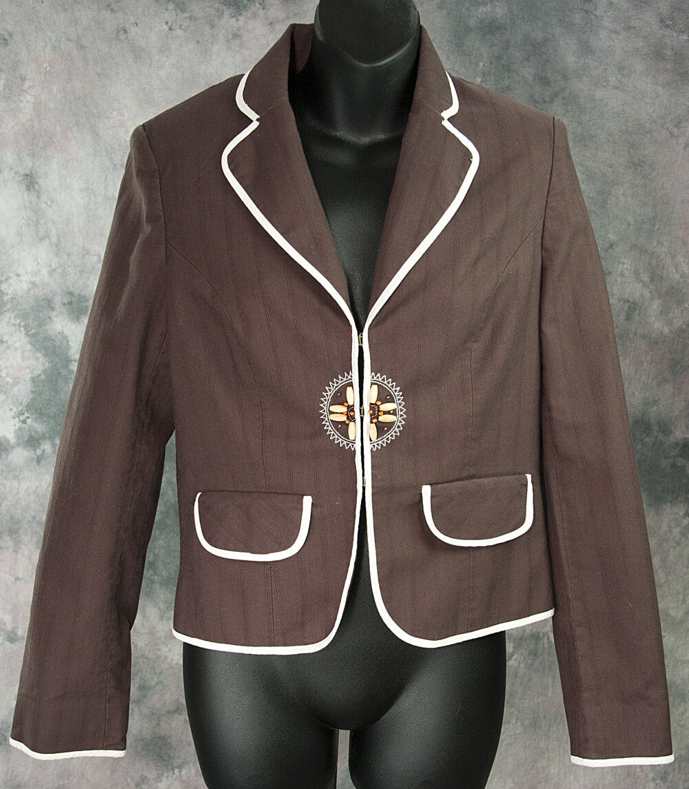 Nine West Brown Cotton Shell Beaded Blazer Jacket Size 8 EUC