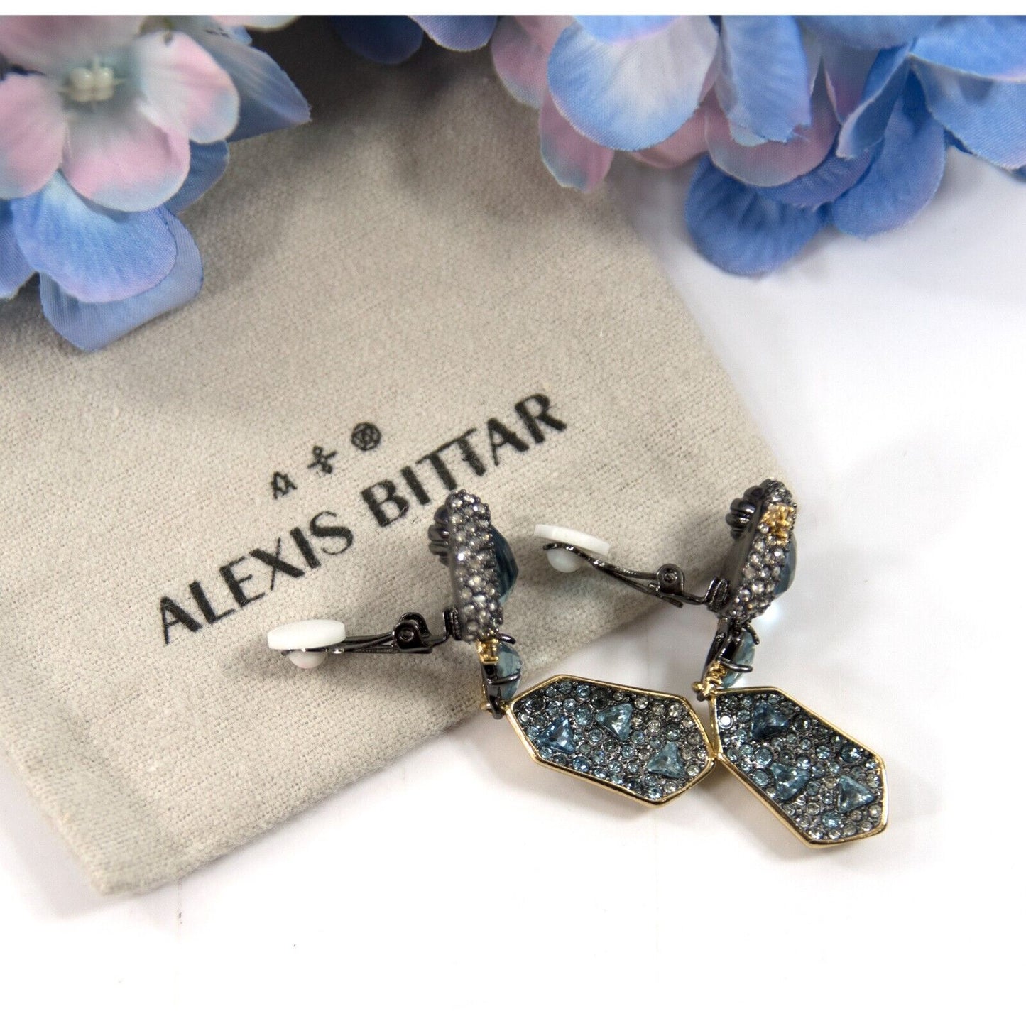 Alexis Bittar Blue Crystal Rhodium Plated Shield Drop CLIP ON Earrings NWT RARE!