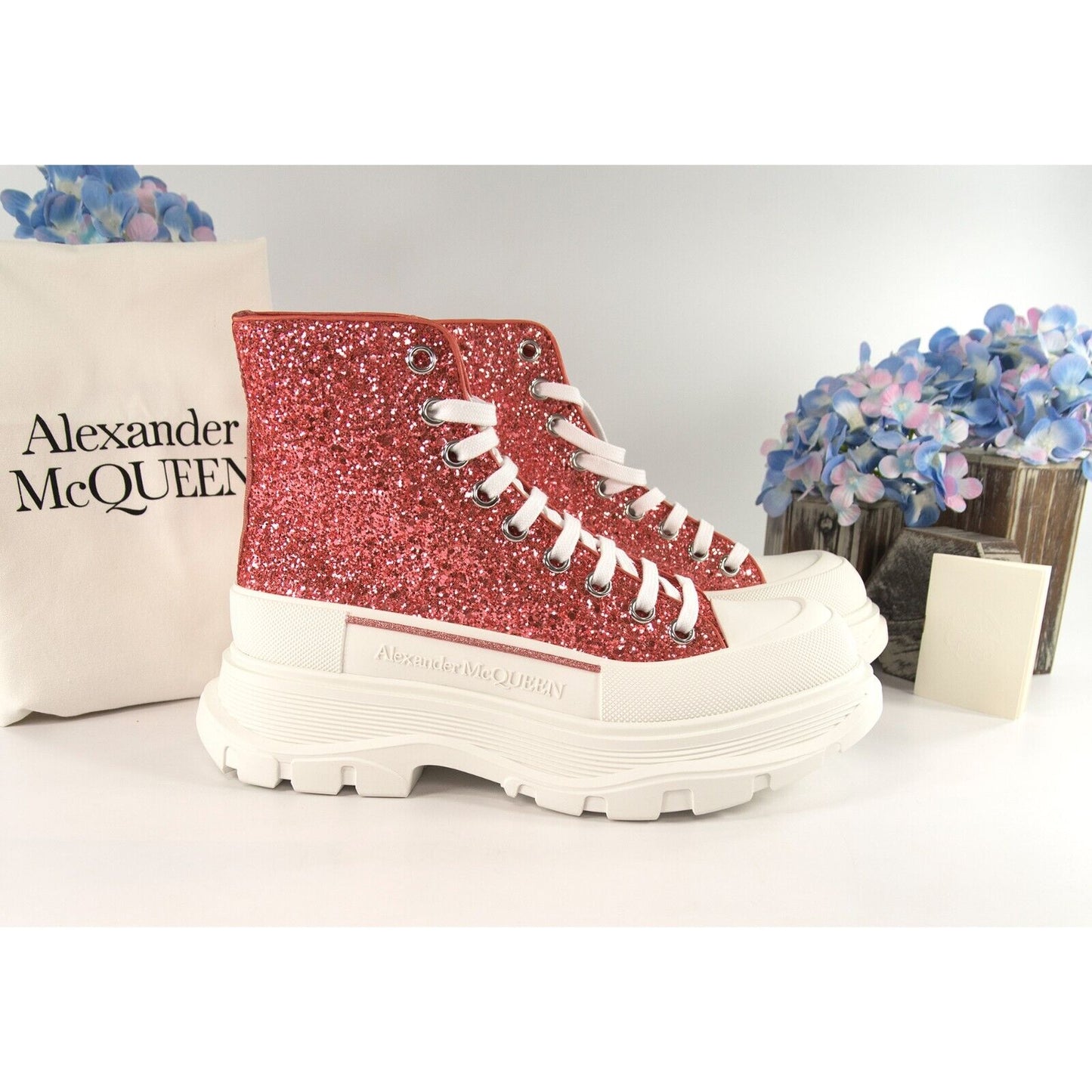 Alexander McQueen Deck Tread Slick Rose Gold Glitter High Top Sneakers 39 NIB