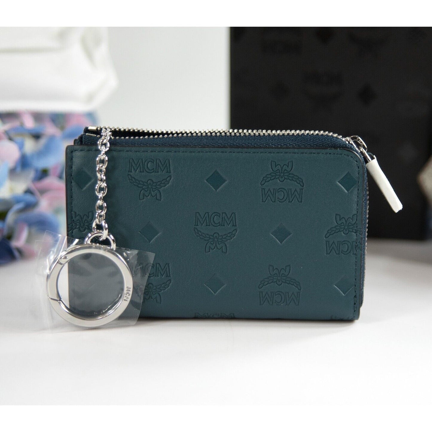 MCM Logo Embossed Deep Teal Leather Zip Card Case Mini Wallet NWT