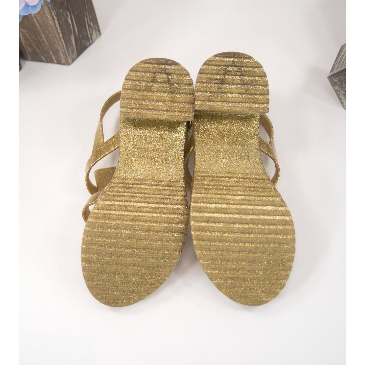 Mel Melissa Gold Glitter Rubber Block Heel Strappy Girls Sandals Size 3 EUC