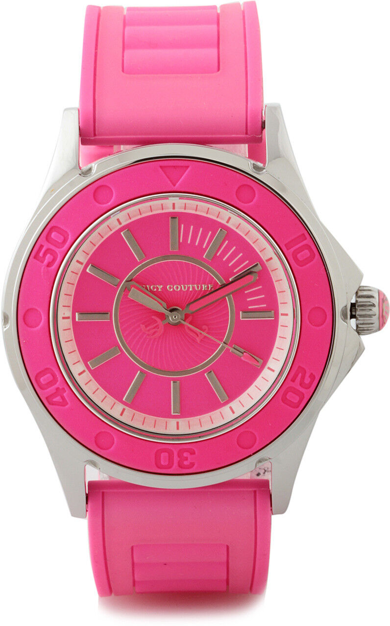 Juicy Couture Rich Girl Pink Neon Silicone Rubber Strap Silver Runway Watch