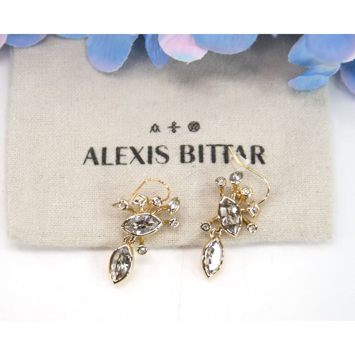 Alexis Bittar Crystal Navette Cluster Drop Sunburst Gold Earrings NWT
