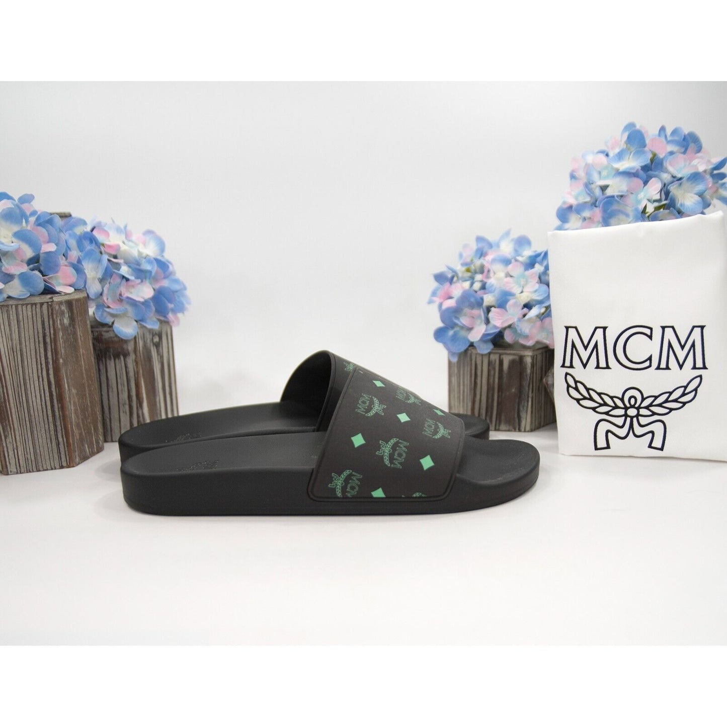 MCM Black Summer Green Rubber Pool Slides Shoes Mens 42 9 NIB