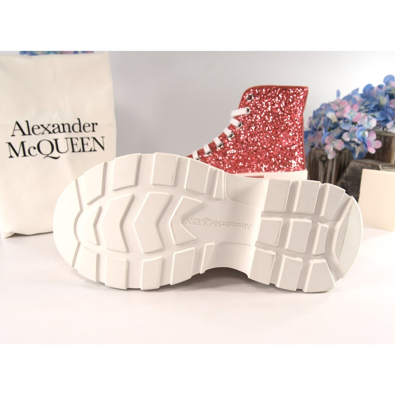 McQueen Deck Tread Slick Rose Gold Glitter High Top Sneakers – Design Her