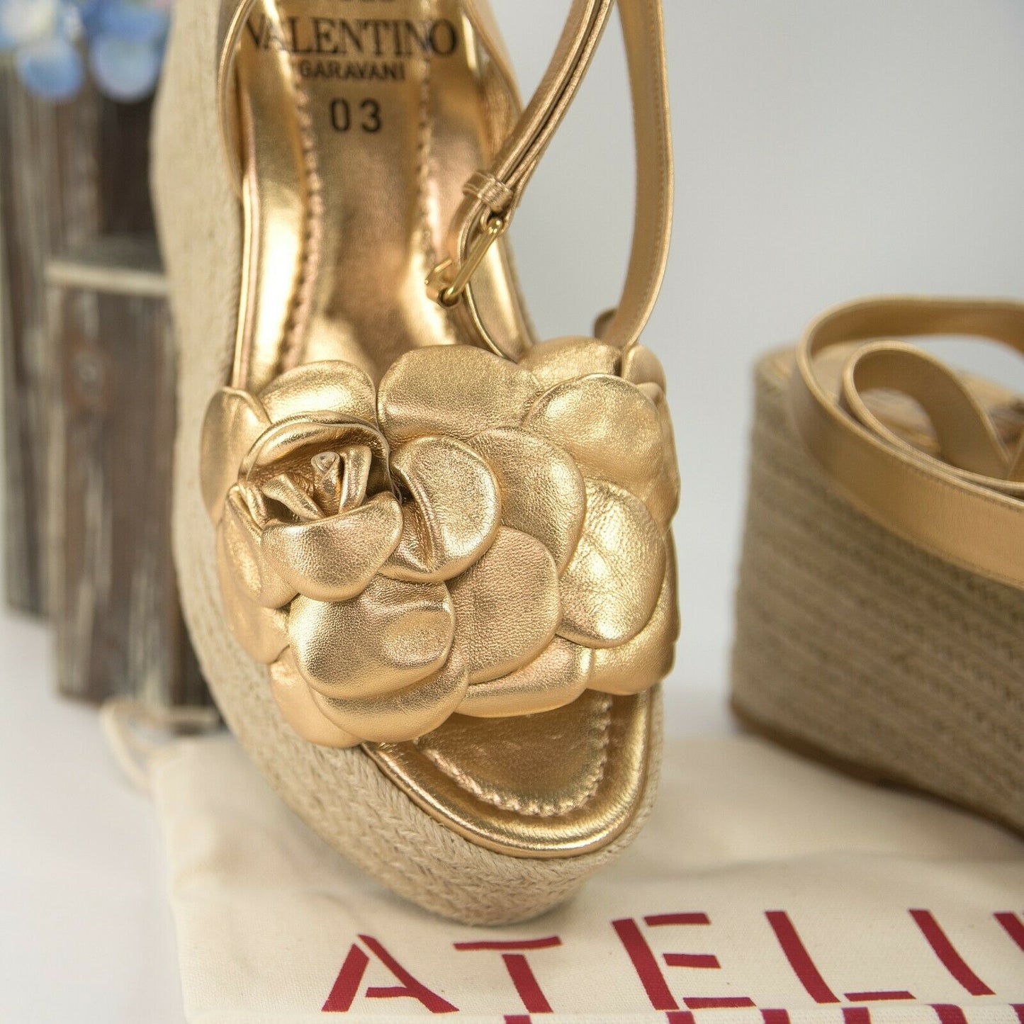 Valentino Atelier 03 Gold Camelia Rose Leather Espadrille Wedge Sandals 39 NIB