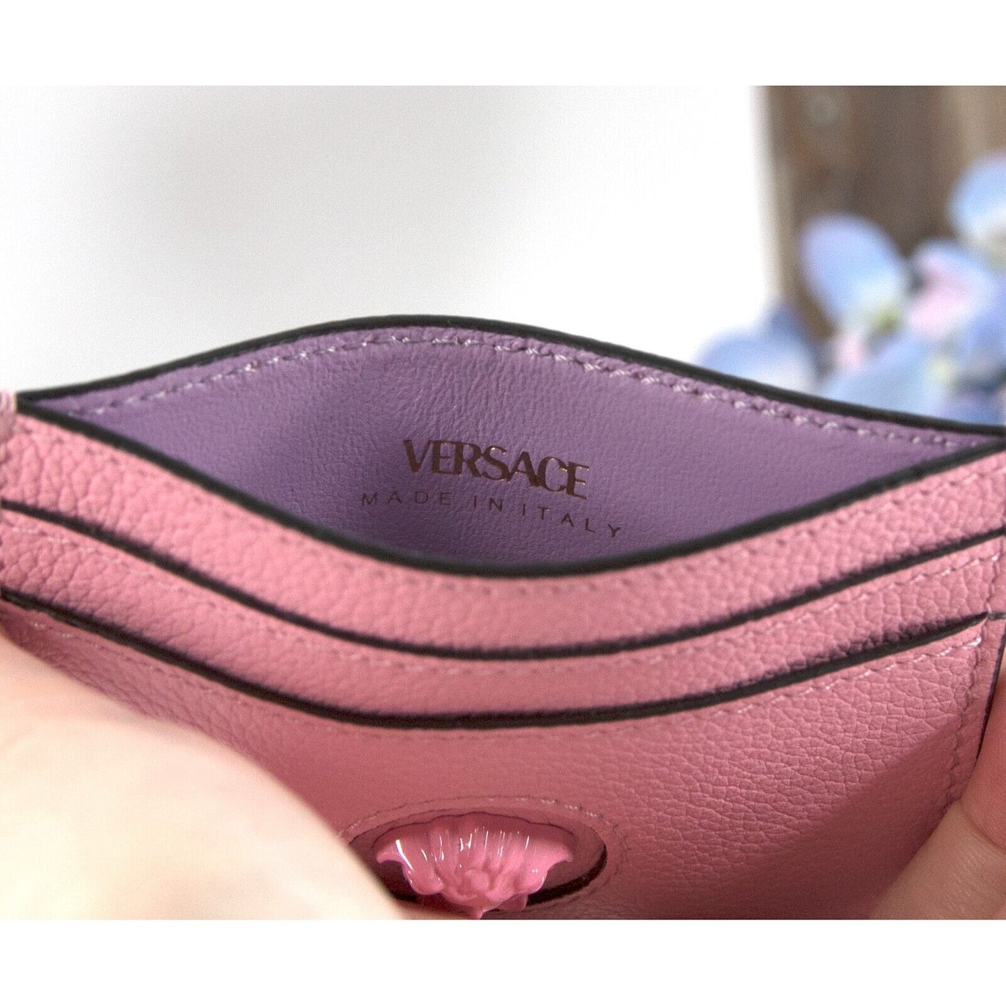 Versace Medusa Head Pink Gold Leather Card Case Holder NWT