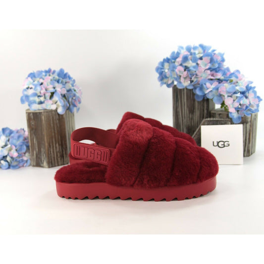 UGG Fluff Oh Yea Robe Red Sheepskin Fur Slippers Slides Sandals Size 6 NIB