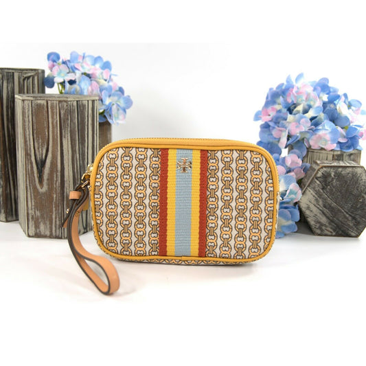Tory Burch Gemini Link Coated Canvas Leather Large Wristlet NWT