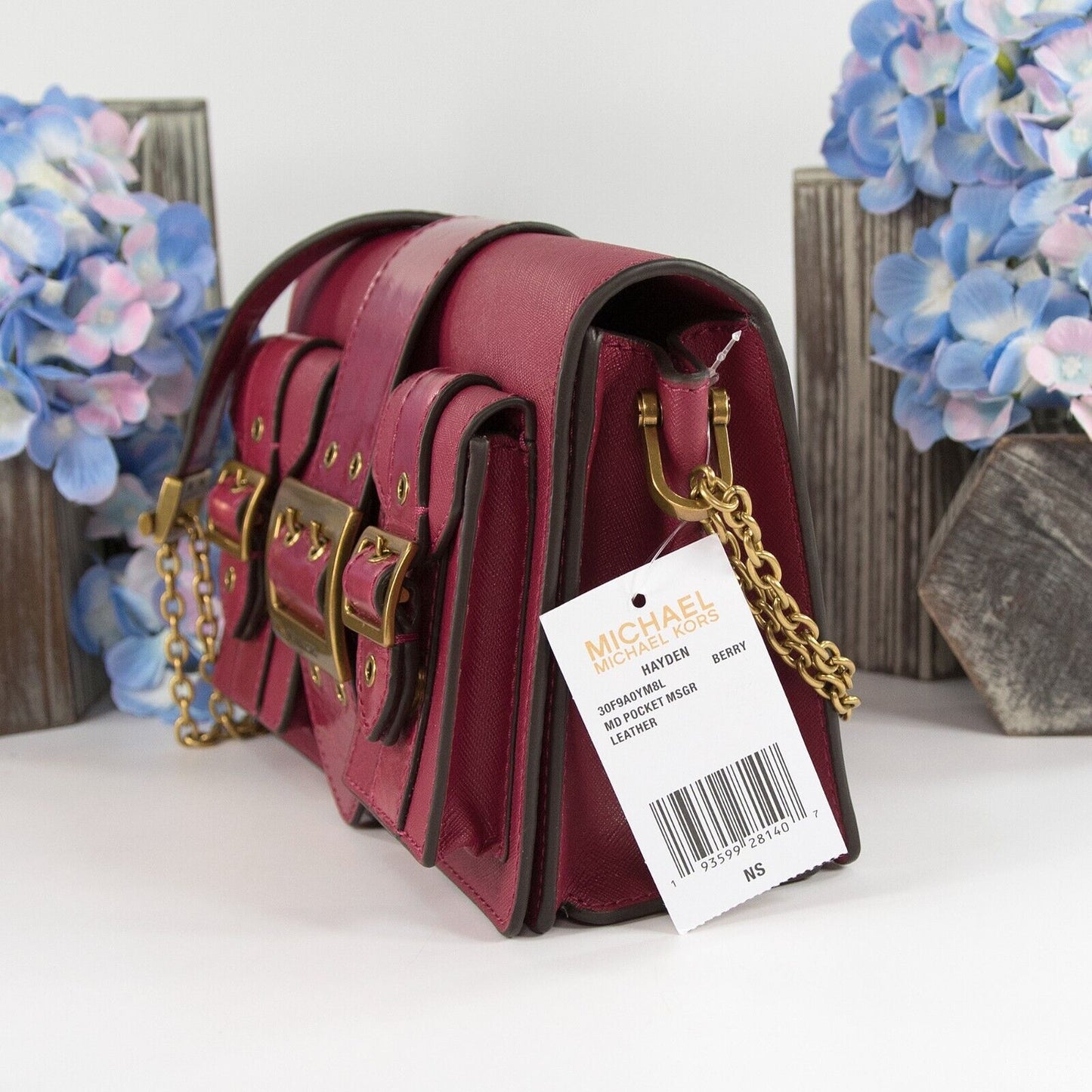 Michael Kors Berry Glazed Leather Hayden Medium Messenger Bag NWT