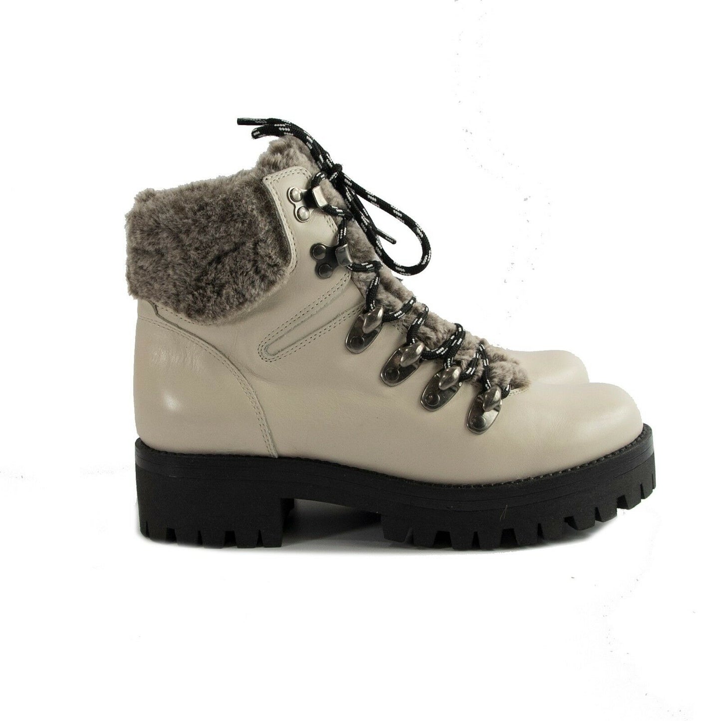 Maiden Lane Ivory Leather Marbut Faux Fur Lace Up Lug Sole Hiking Ankle Boots 39