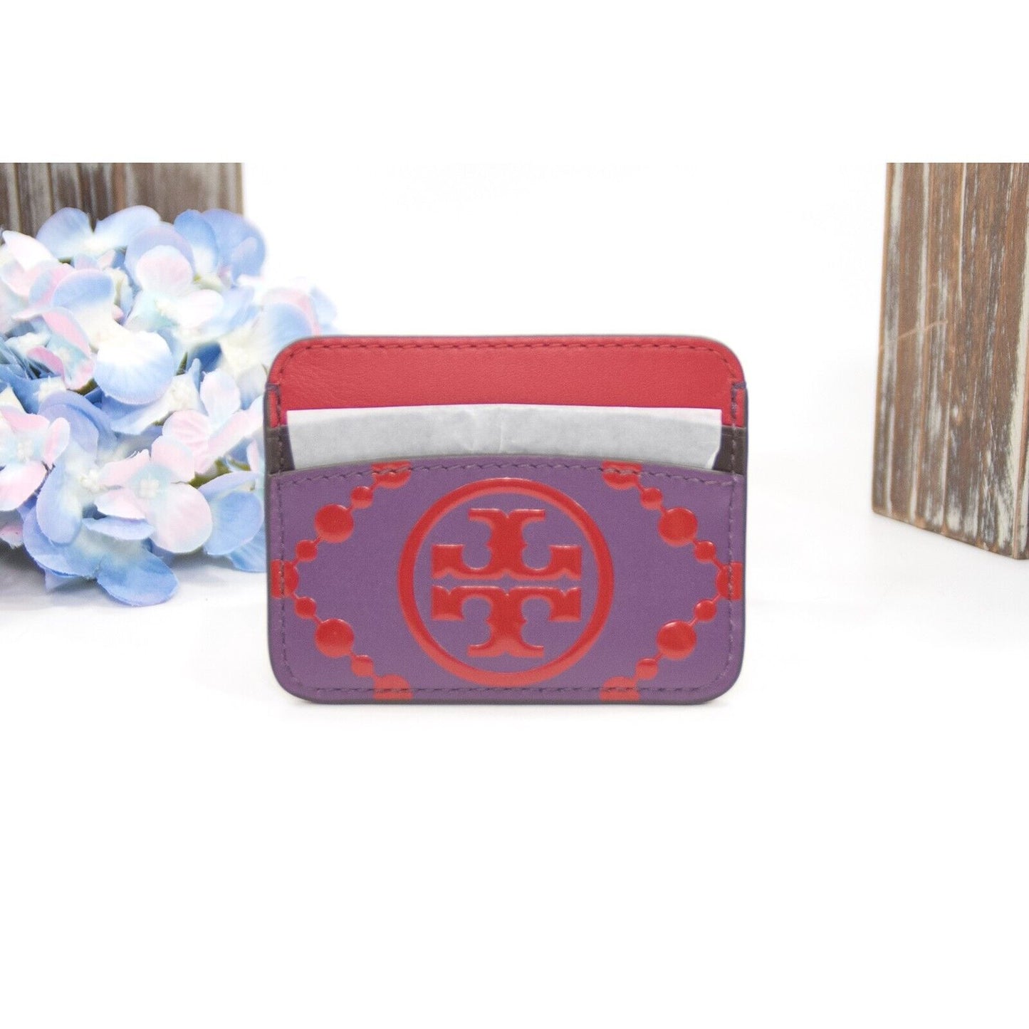 Tory Burch Wild Thistle Red Leather Colorblock Logo Card Case Mini Wallet NWT