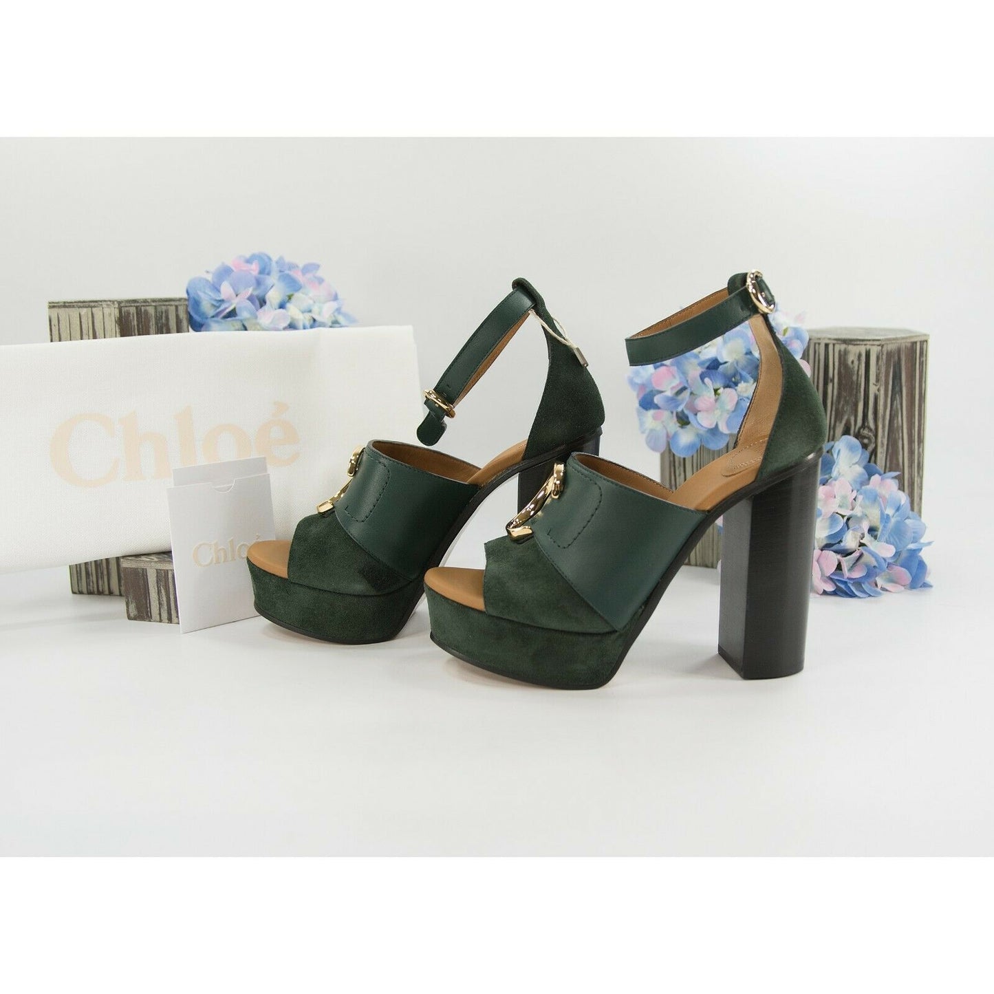 Chloe British Green Suede Leather C Logo Platform Sandal Heels 36 NIB