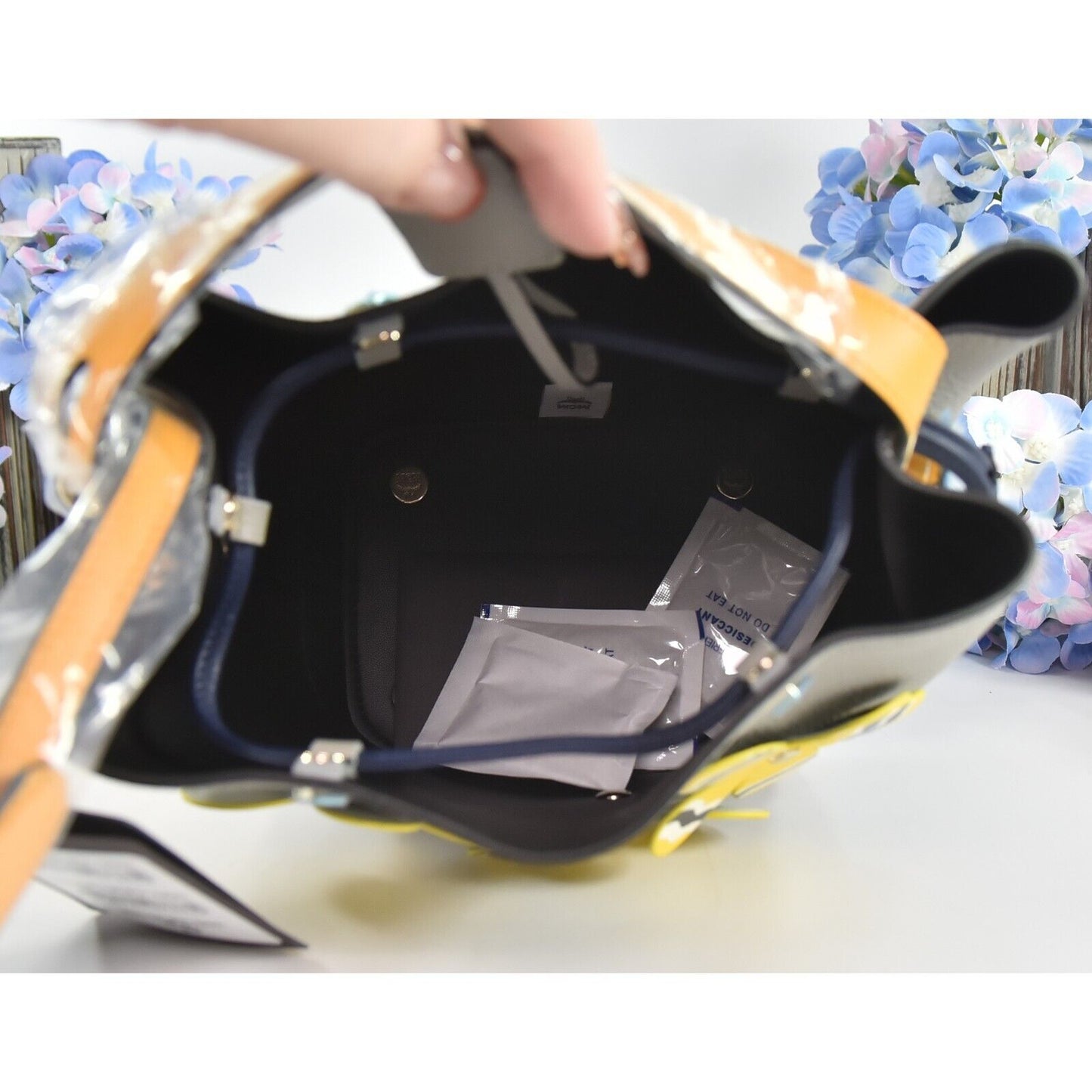 MCM Yellow Grey Goatskin Mini Upcycling Project Flower Milano Drawstring Bag NWT