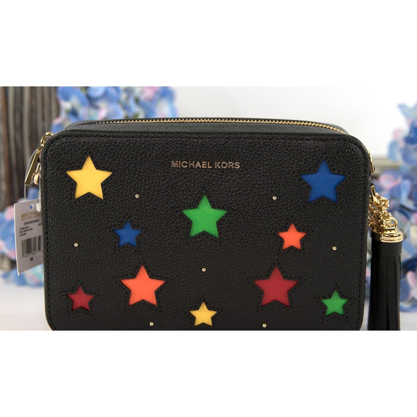 Michael Kors Black Leather Rainbow Star Cut Out Ginny Camera Crossbody NWT