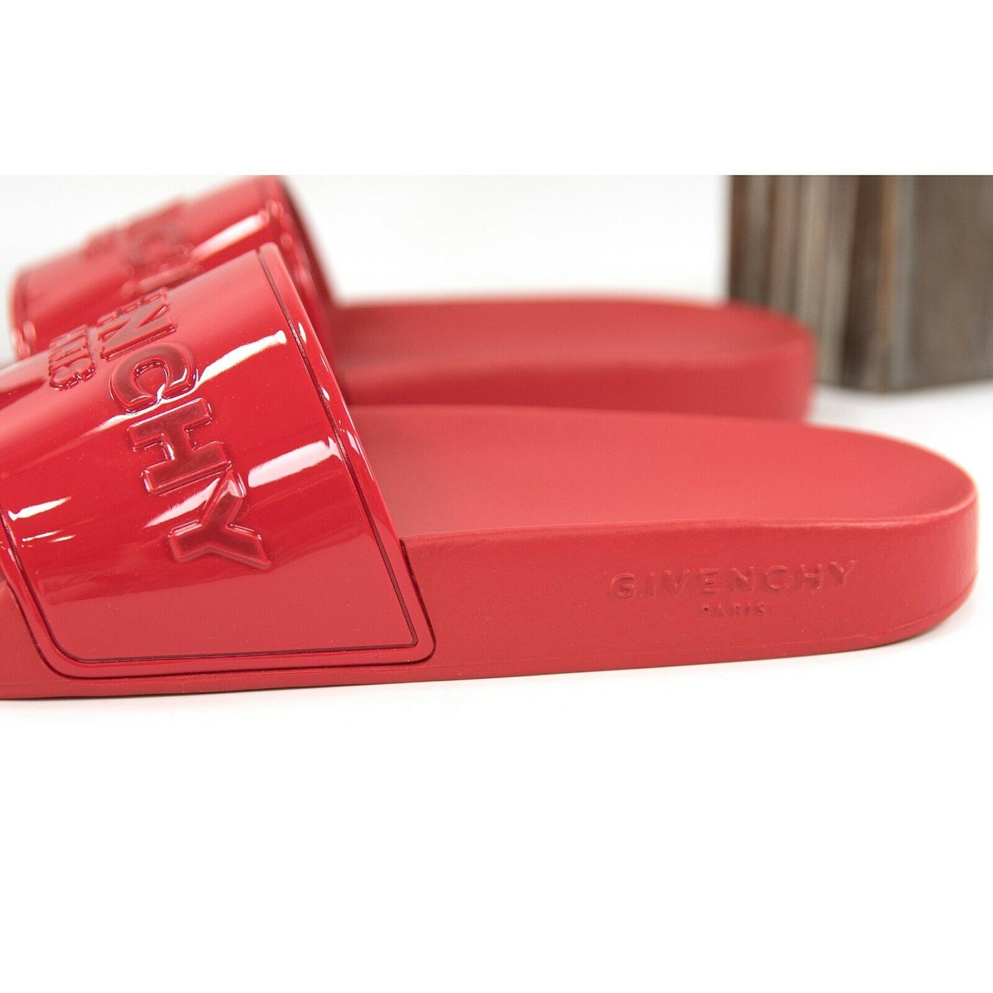 Givenchy Red Patent Debossed Logo Leather Rubber Pool Slides 38 NIB