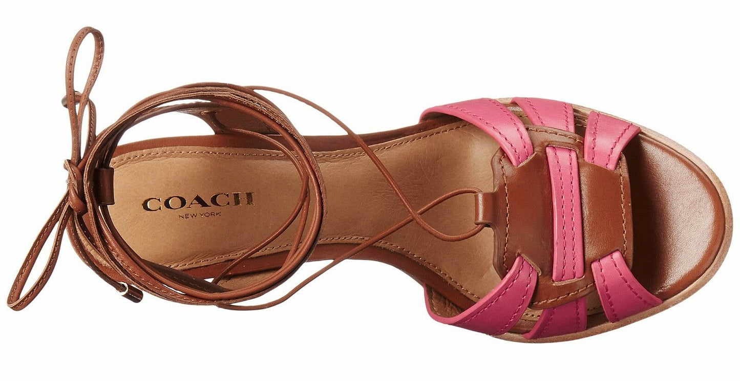 Coach Kiara Dahlia Saddle Leather Lace Up Sandal Heels Sz 9.5 NIB A01230