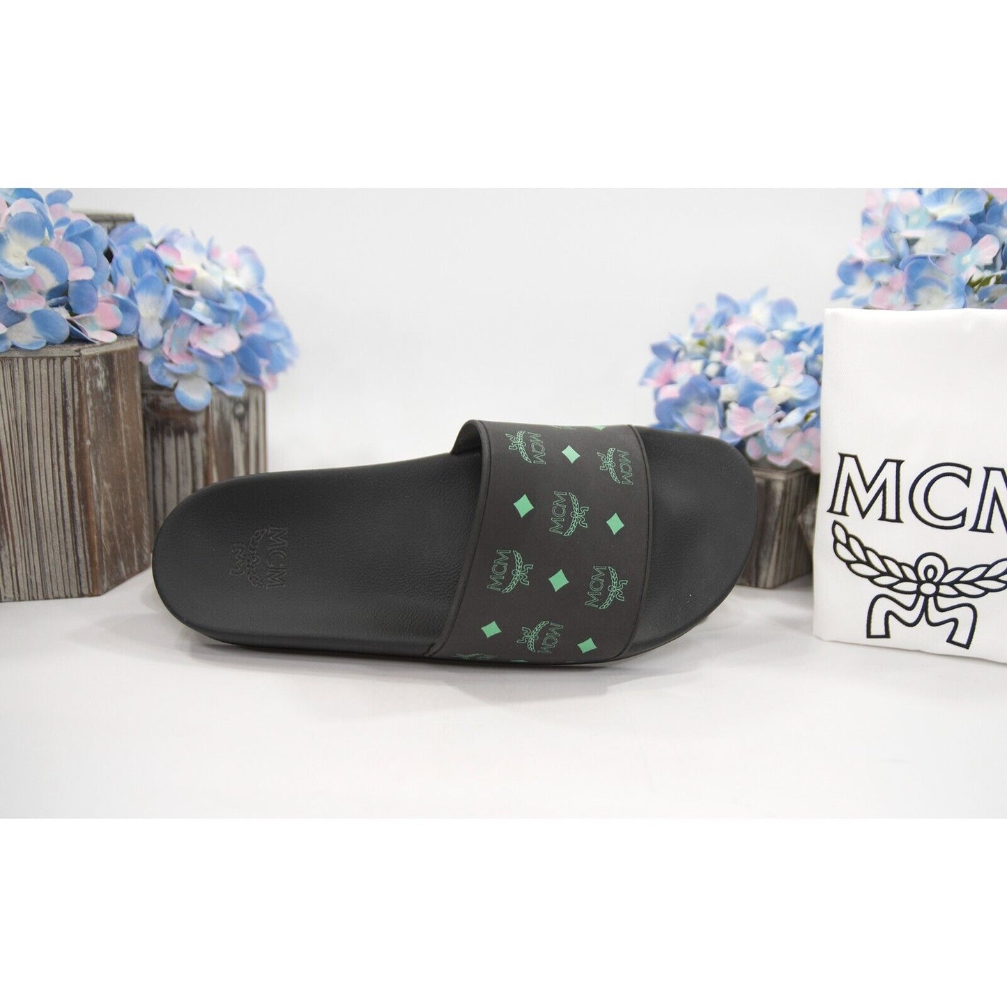MCM Black Summer Green Rubber Pool Slides Shoes Mens 42 9 NIB