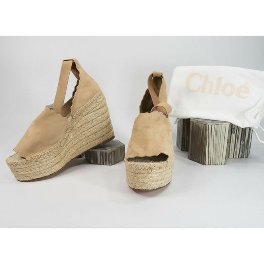 Chloe Lauren Reef Shell Suede Espadrille Wedge Heels Sandals Size 40 10 NIB